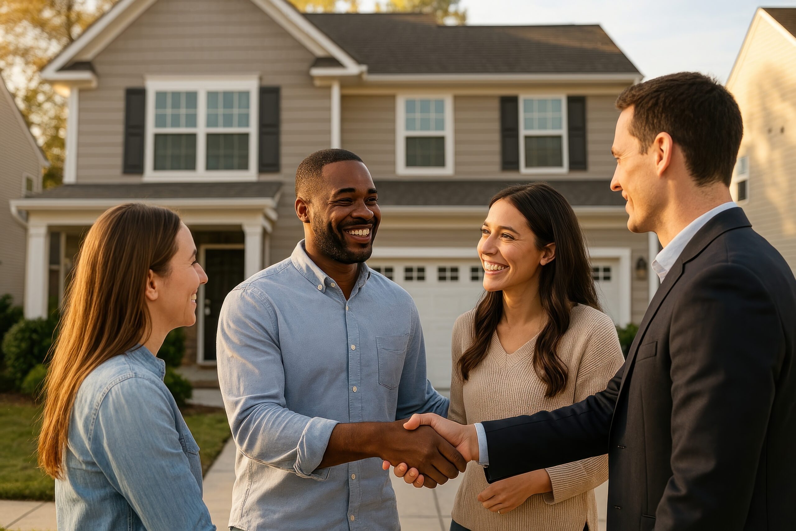 Happy homeowners meeting real estate agents.